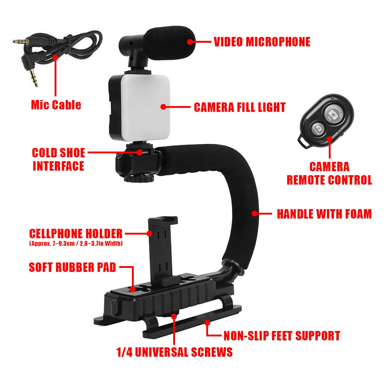 Kit Stabilisateur Vidéo en Forme de C avec Micro, Lumière LED et Support Téléphone