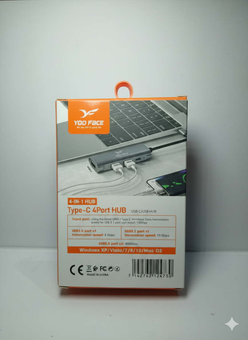 Hub USB-C 4-en-1 YOO FACE Haute Vitesse pour PC et Mac