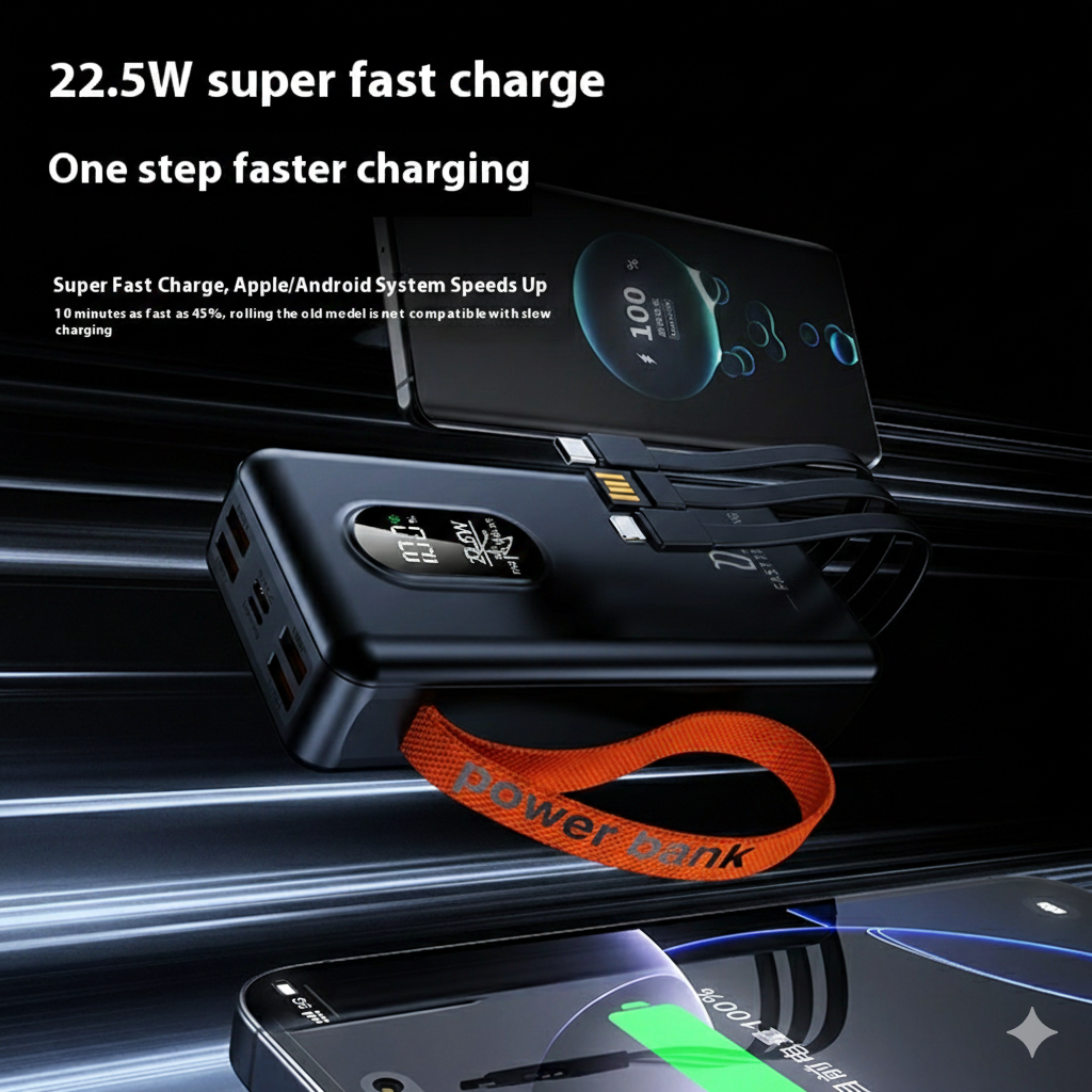 Batterie Externe 30 000 mAh – Charge Rapide PD 22,5 W – Écran LED – Câble intégré