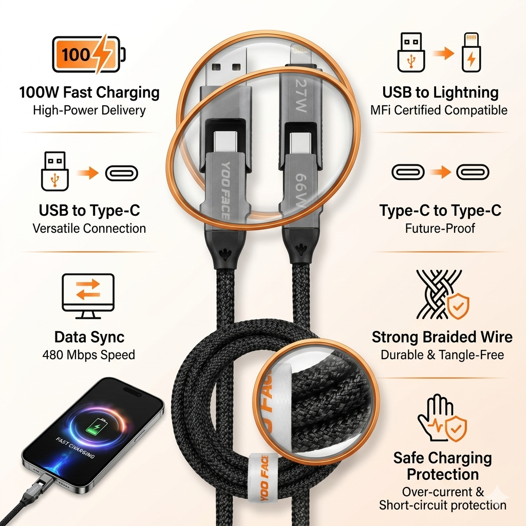 Câble Charge Rapide 4 en 1 CB14 100W Type-C Lightning USB
