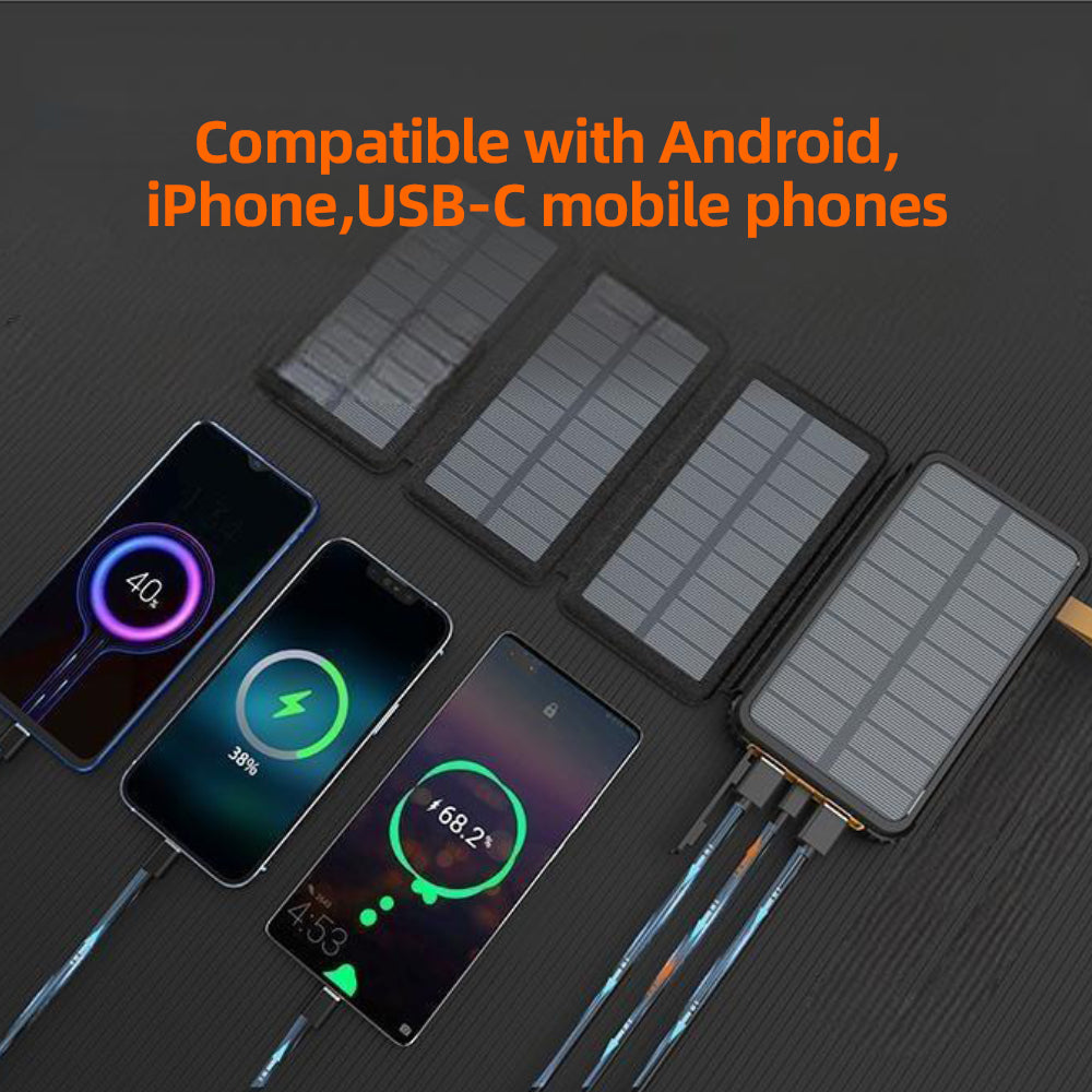 Powerbank Solaire 10000mAh | 4 Panneaux Solaires Pliables | Résistant à l’Eau & Chocs avec Lampes LED SOS