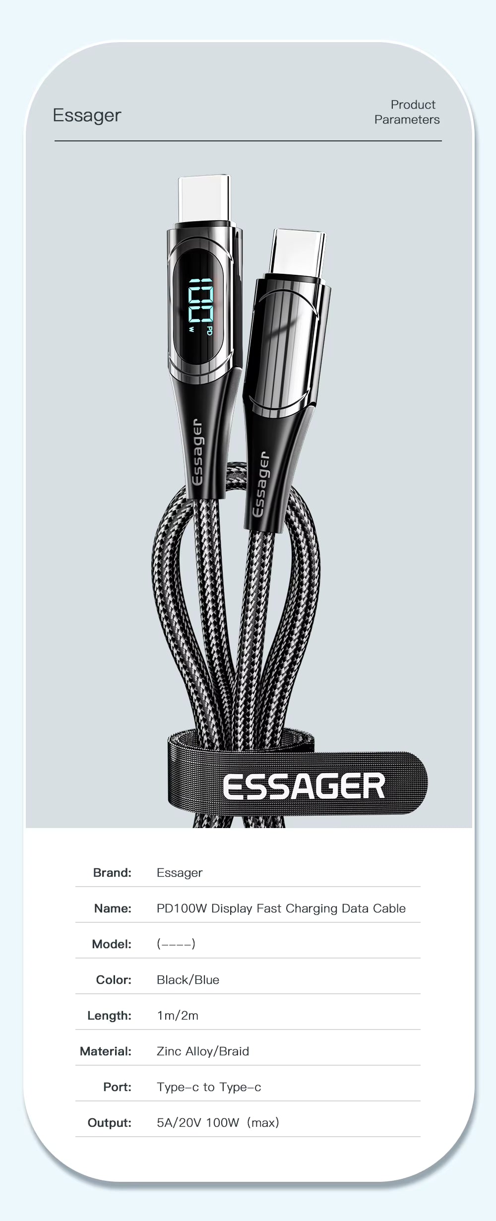 Câble Essager USB-C vers USB-C 100W PD Charge Rapide 2m