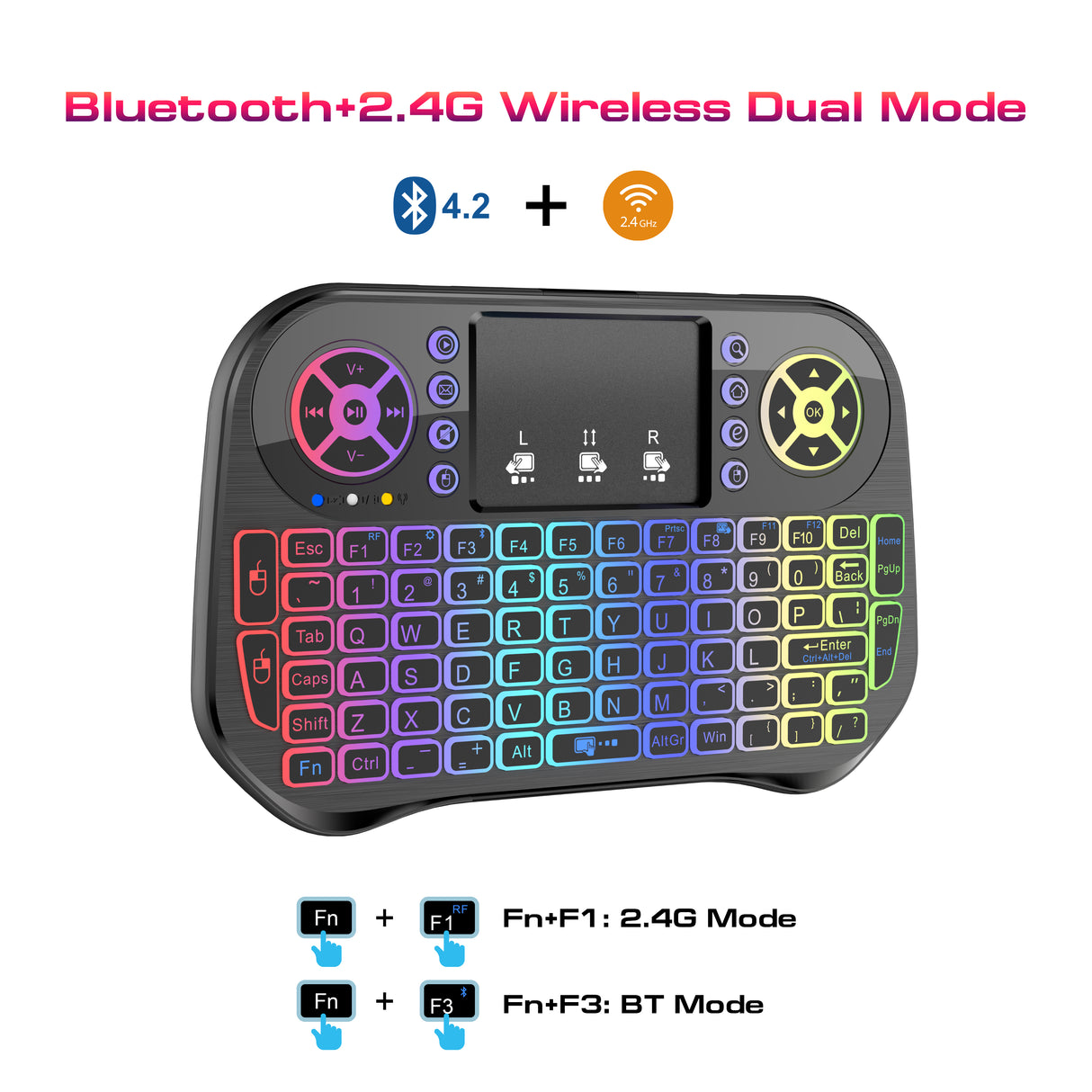 Mini Clavier Sans Fil I10 2.4GHz RGB avec Air Mouse et Pavé Tactile