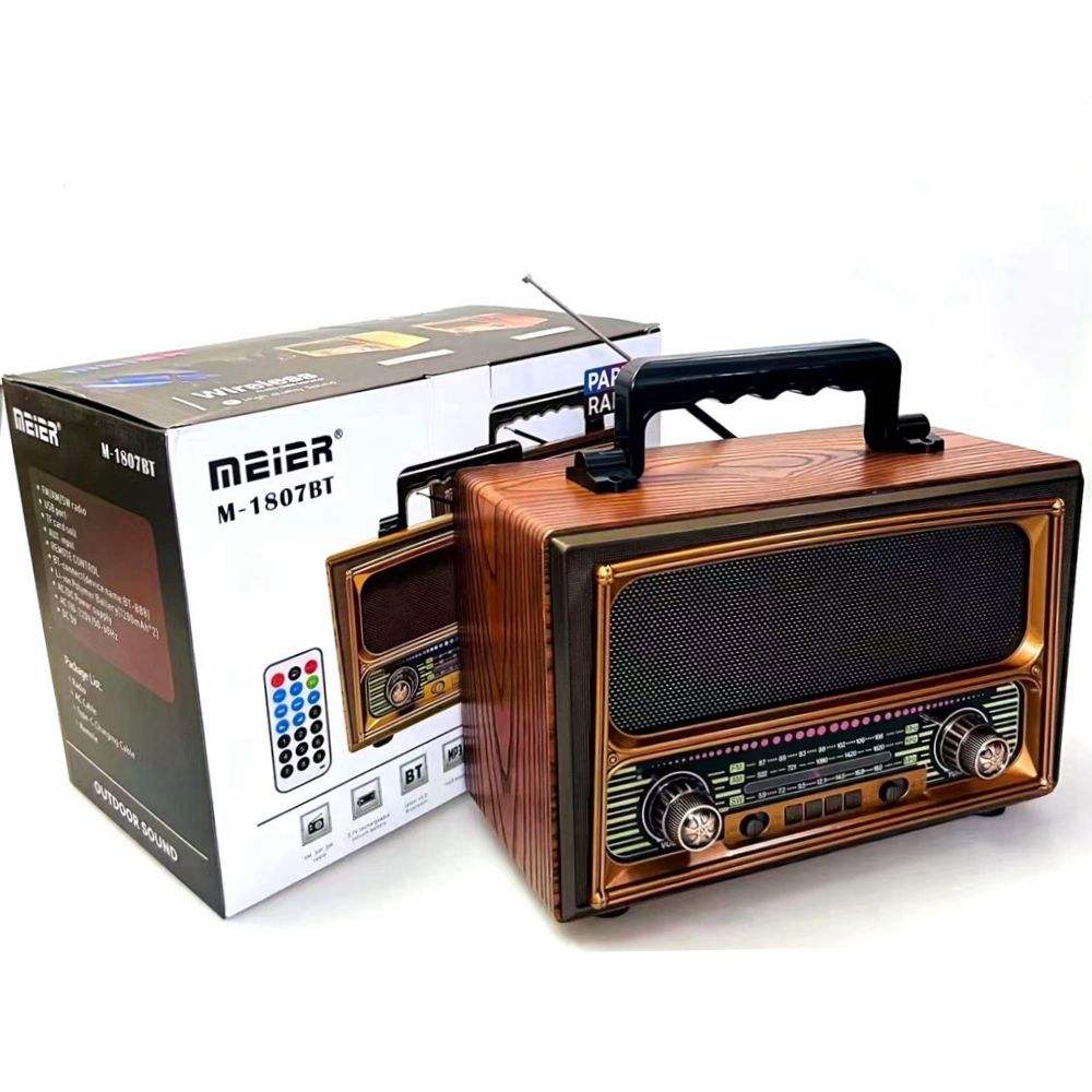 Radio rétro en bois Meier M-1807BT – Grande taille, Bluetooth, USB/TF, FM/AM/SW, batterie rechargeable 2400mAh