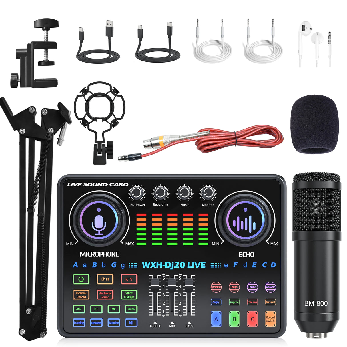 Kit Microphone BM800 + Carte Son AT350 48V | Micro à Condensateur avec Bras, Filtre Anti-pop et Accessoires