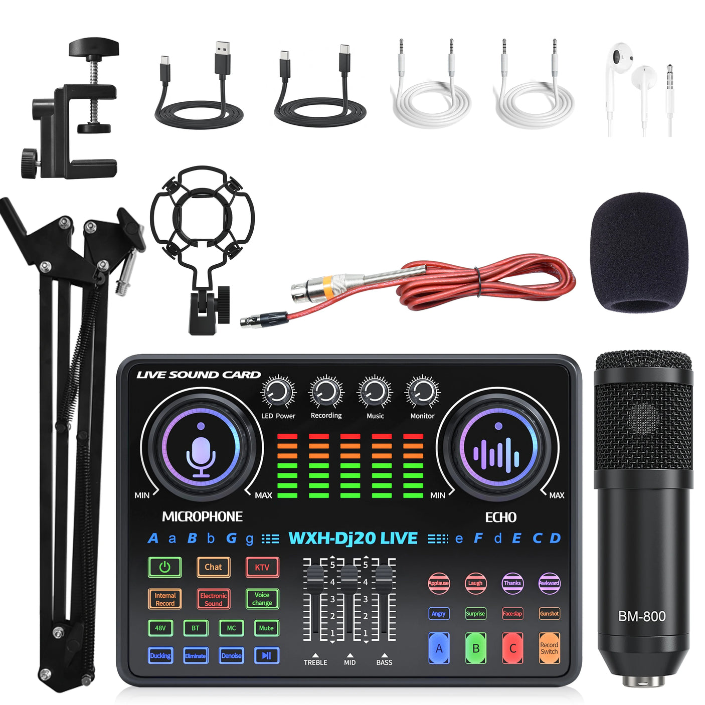 Kit Microphone BM800 + Carte Son AT350 48V | Micro à Condensateur avec Bras, Filtre Anti-pop et Accessoires