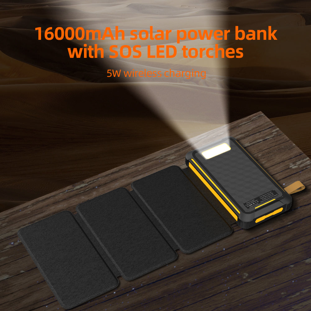 Powerbank Solaire 10000mAh | 4 Panneaux Solaires Pliables | Résistant à l’Eau & Chocs avec Lampes LED SOS