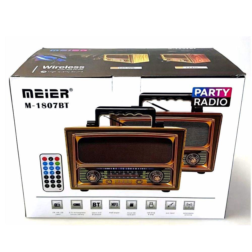 Radio rétro en bois Meier M-1807BT – Grande taille, Bluetooth, USB/TF, FM/AM/SW, batterie rechargeable 2400mAh