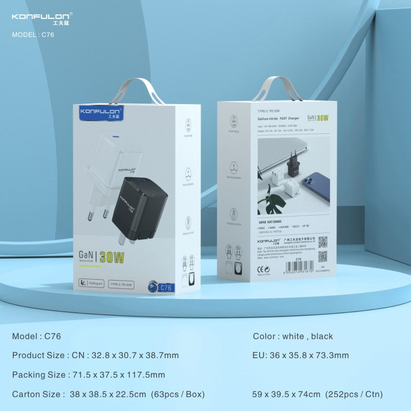 شاحن منزلي KONFULON C76 gan PD KĆ 30W أبيض
