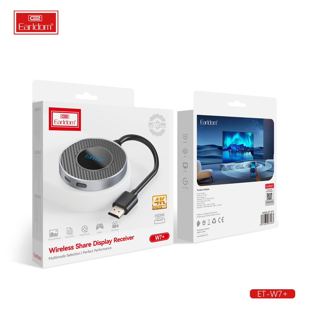 Dongle TV Sans Fil Earldom W7+ WiFi Miracast AirPlay 4K