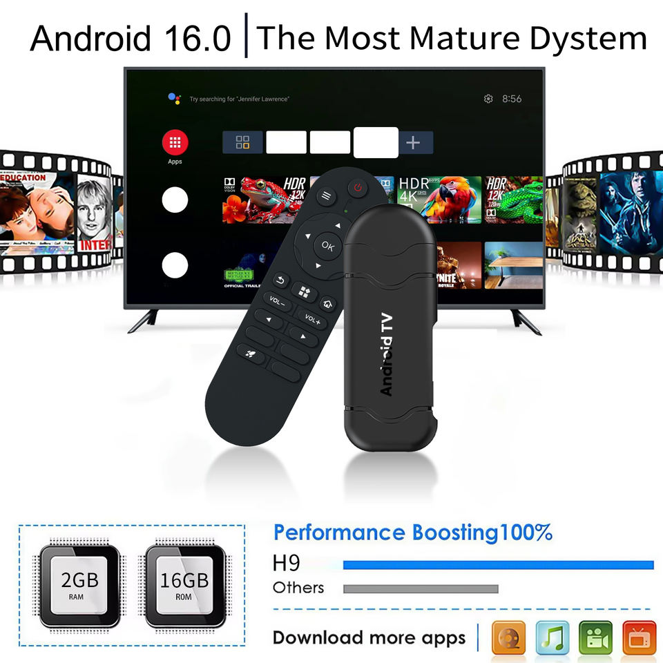 H9 TV Stick Android 16 – Full HD, 2GB/16GB, WiFi 2.4G/5G