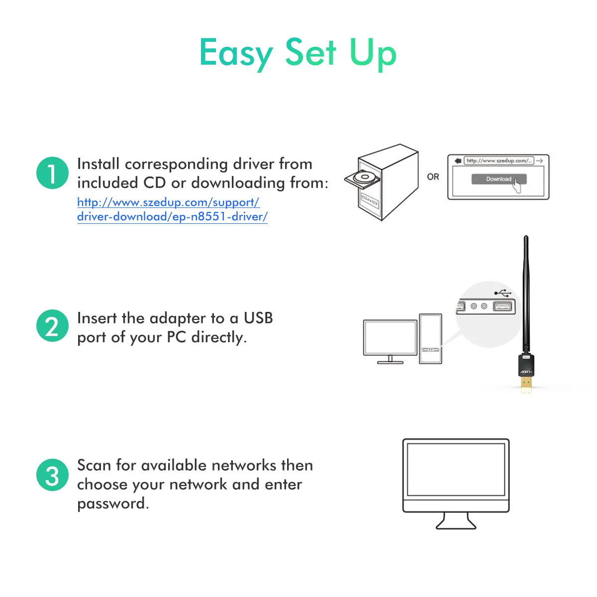 EDUP EP-MS8551 - مفتاح واي فاي USB 150 ميجابت في الثانية مع هوائي عالي الأداء متوافق مع لينوكس