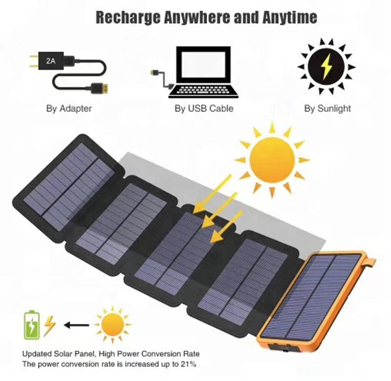 Powerbank Solaire 10000mAh | 4 Panneaux Solaires Pliables | Résistant à l’Eau & Chocs avec Lampes LED SOS