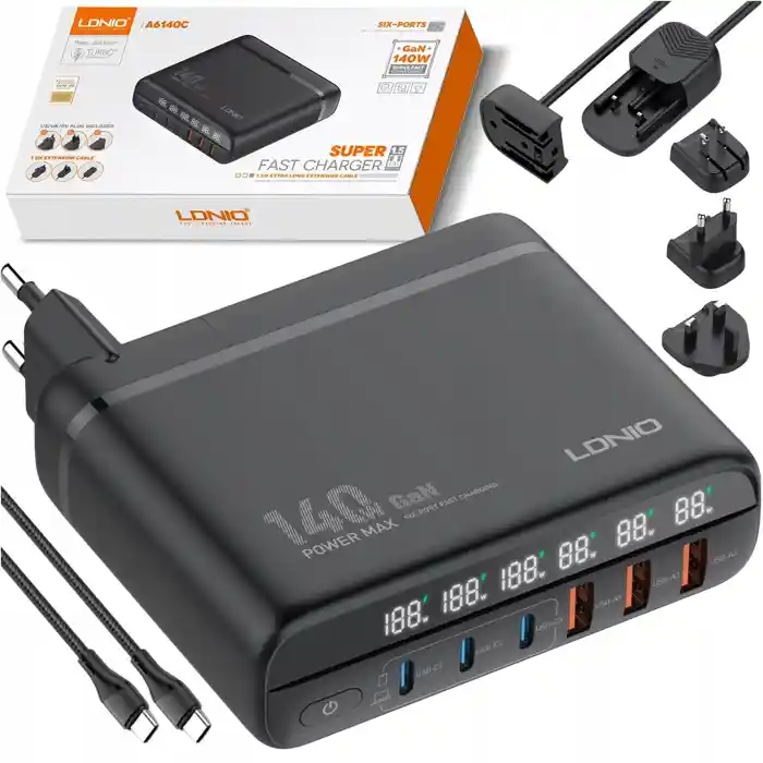 Chargeur GaN 140 W LDNIO A6140C – 6 Ports USB‑C/A, Écran LED, Super Charge Rapide
