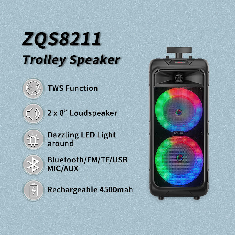 سماعة لاسلكية ZQS8211، 40 واط، مكبر صوت مزدوج 8 بوصة، أضواء ملونة