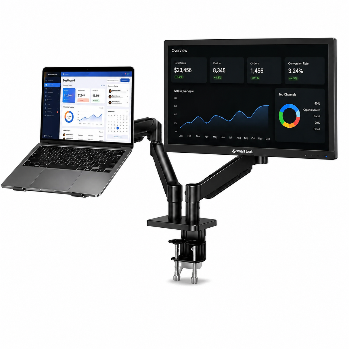 Support Double Écran & PC Portable 13-32" Bras à Ressort Gaz