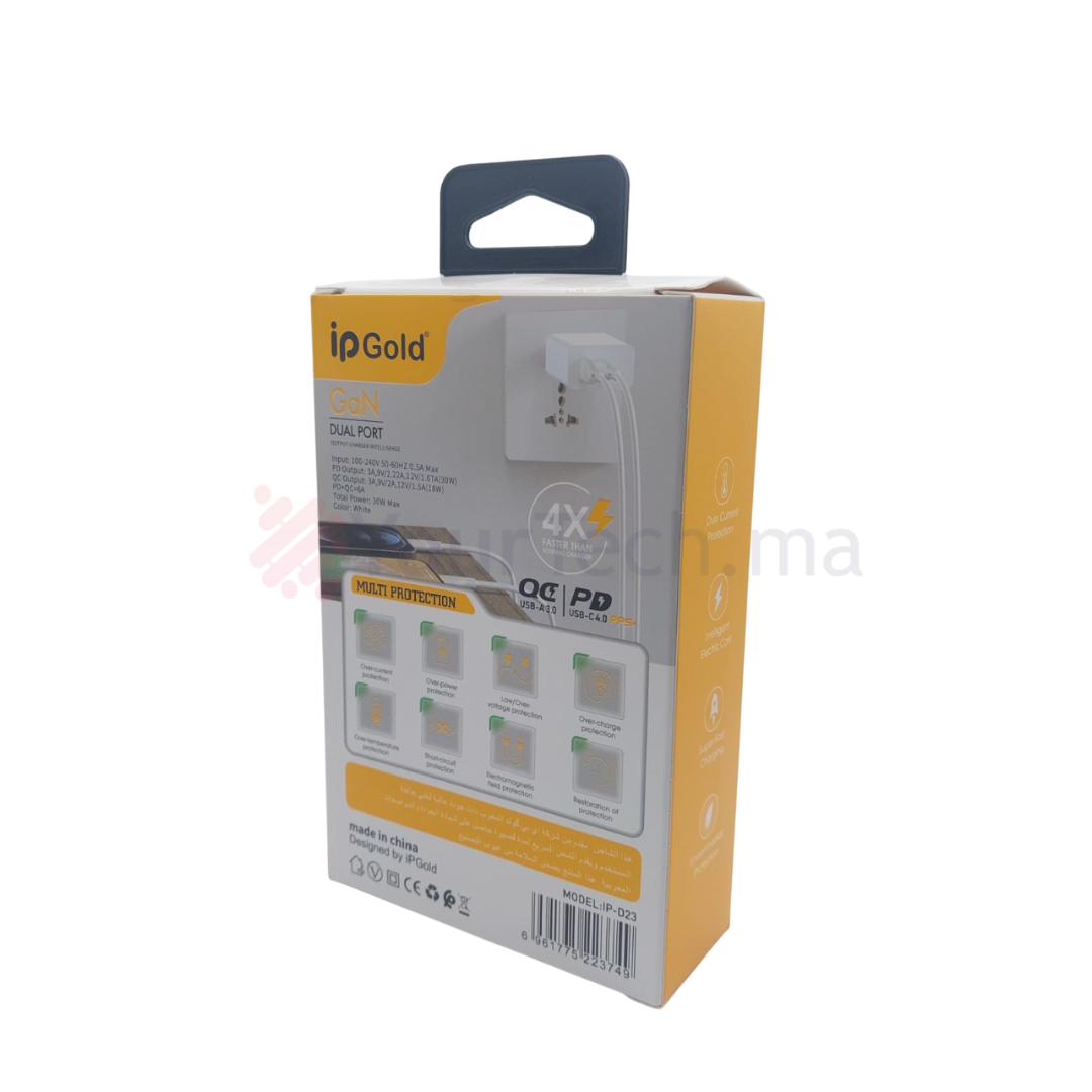 Chargeur Rapide USB 18W et Type-C 30W avec Multi-Protection pour Lightning - IPGold IP-D23