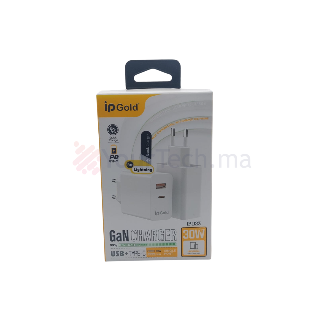 Chargeur Rapide USB 18W et Type-C 30W avec Multi-Protection pour Lightning - IPGold IP-D23