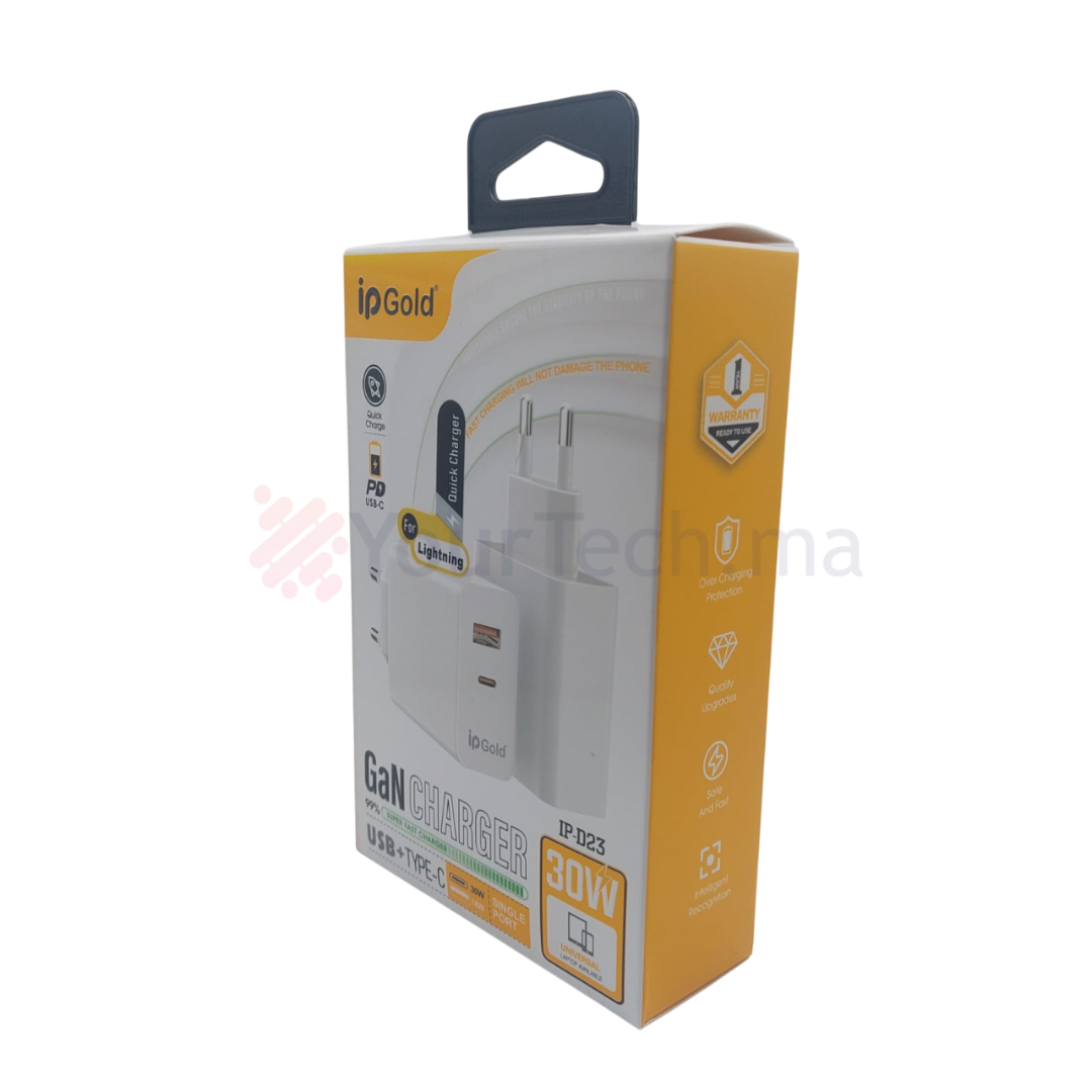 Chargeur Rapide USB 18W et Type-C 30W avec Multi-Protection pour Lightning - IPGold IP-D23