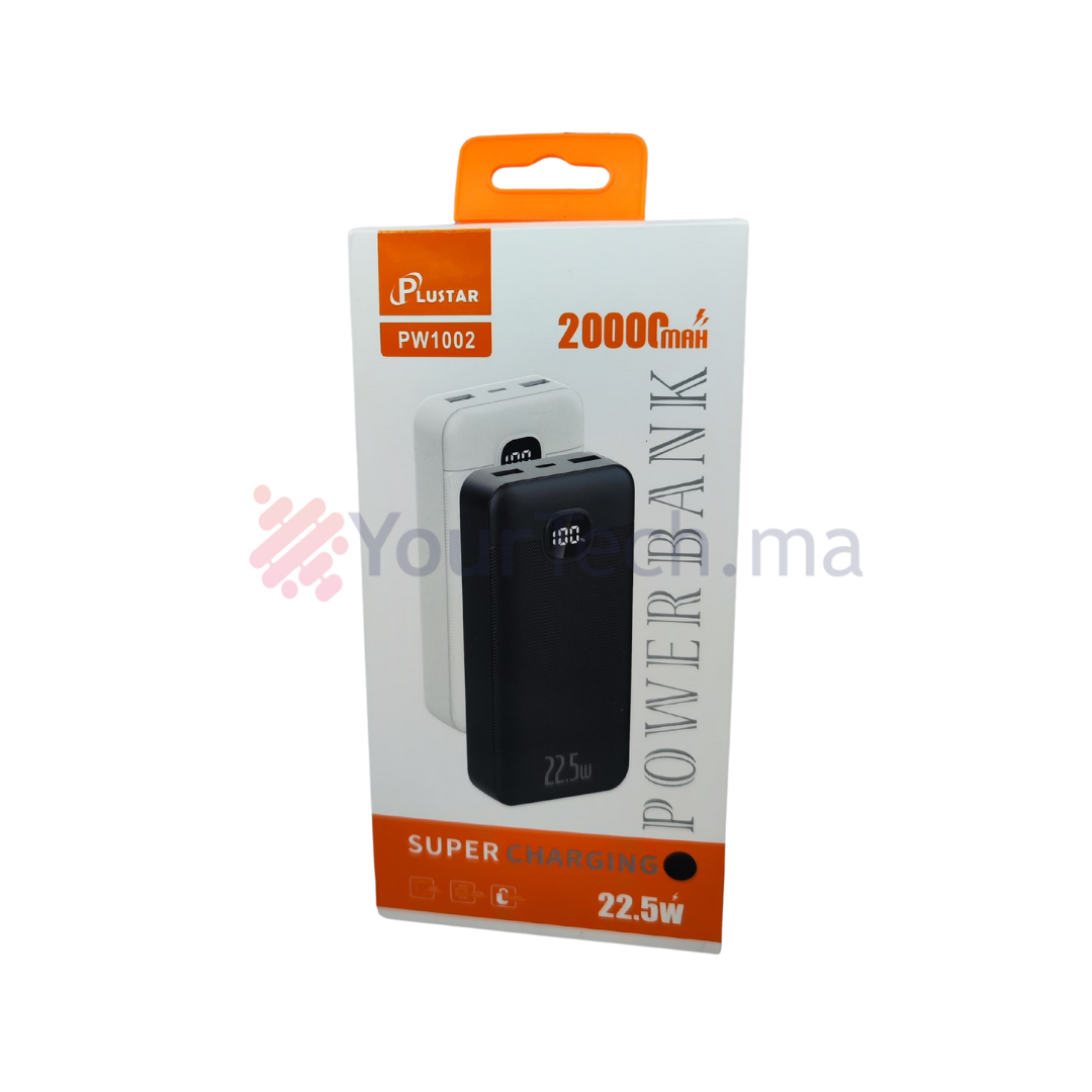 Power Bank Plustar 20000mAh Charge Rapide 22.5W avec Affichage LED et 3 Ports USB/Type-C