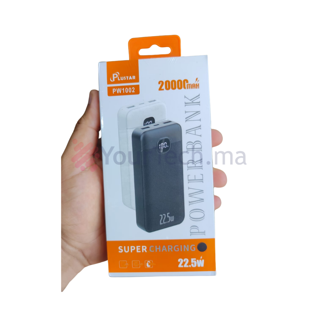 Power Bank Plustar 20000mAh Charge Rapide 22.5W avec Affichage LED et 3 Ports USB/Type-C