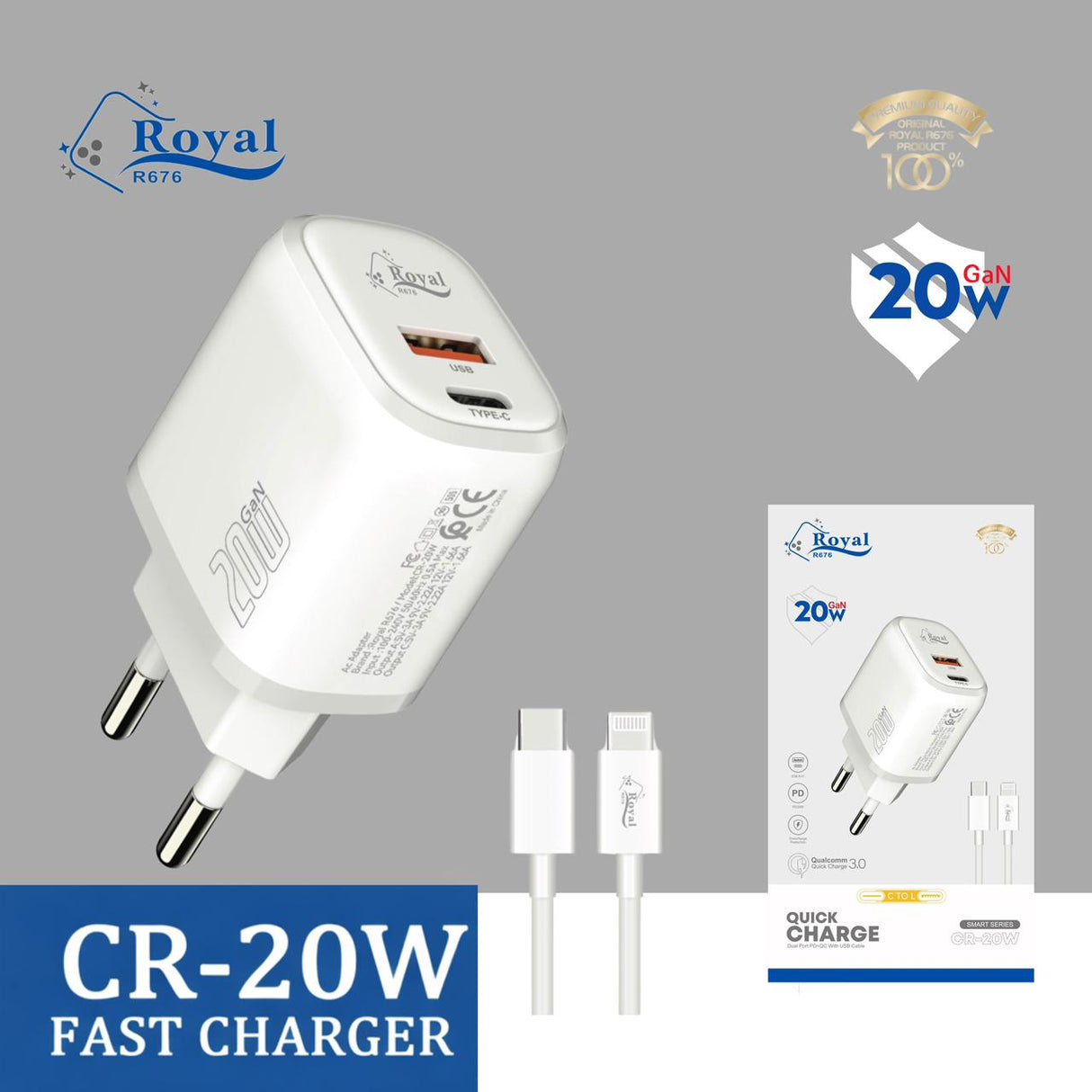 Chargeur Rapide Royal R676 CR-20W GaN avec Câble USB-C & Iphone