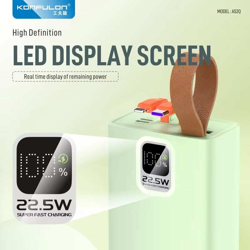 بانك الطاقة KONFULON 30000mAh – شحن سريع 22.5W مع كابلات مدمجة وشاشة رقمية