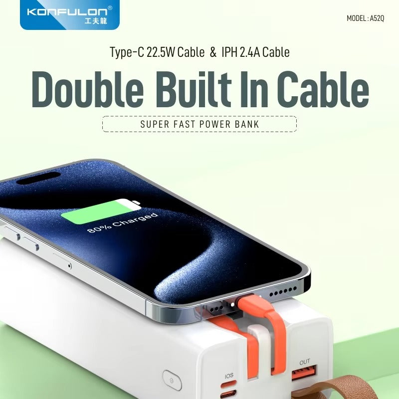 بانك الطاقة KONFULON 30000mAh – شحن سريع 22.5W مع كابلات مدمجة وشاشة رقمية