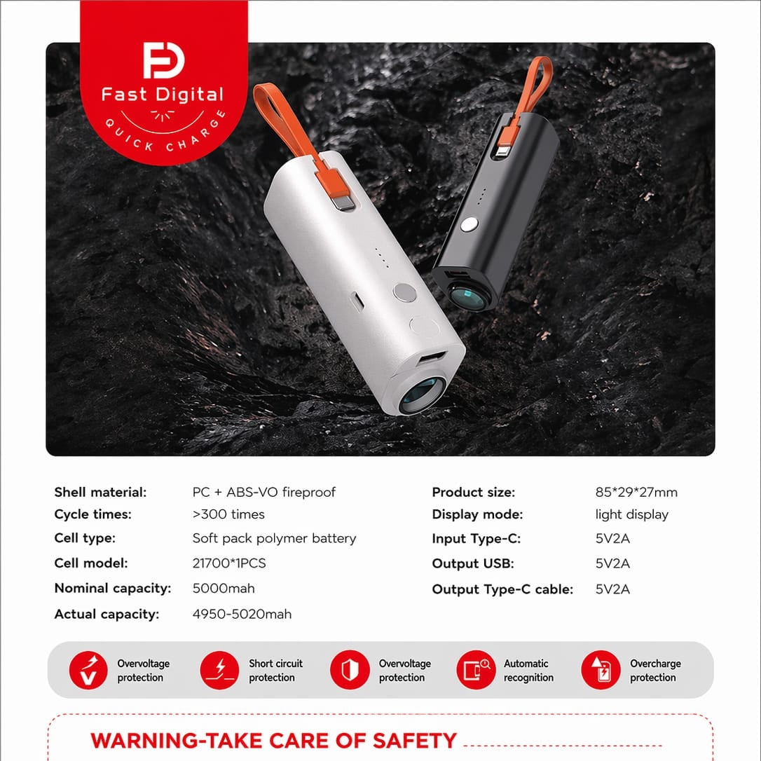 Power Bank 5000mAh avec Câble Type-C et Lampe LED Compacte
