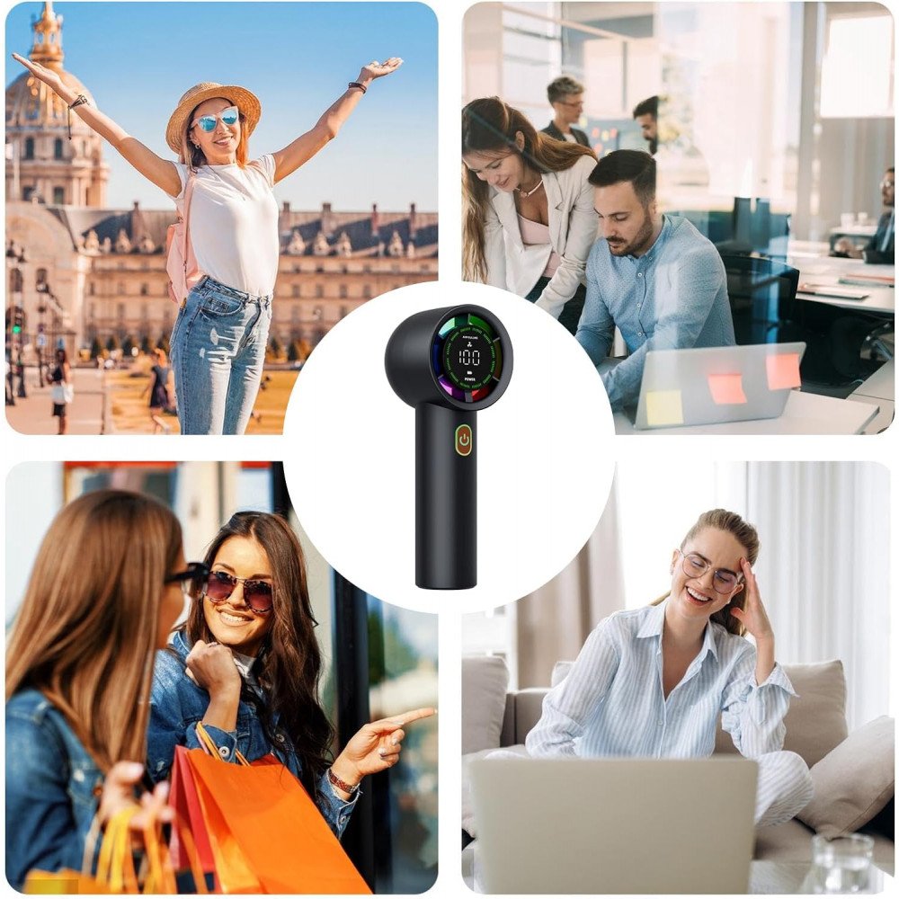 YKG80 Ventilateur Portable Sans Hélice avec Lumières LED – USB Rechargeable, 6 Vitesses, Écran Digital – Mini Ventilateur à Main pour Maison, Bureau, Voyage