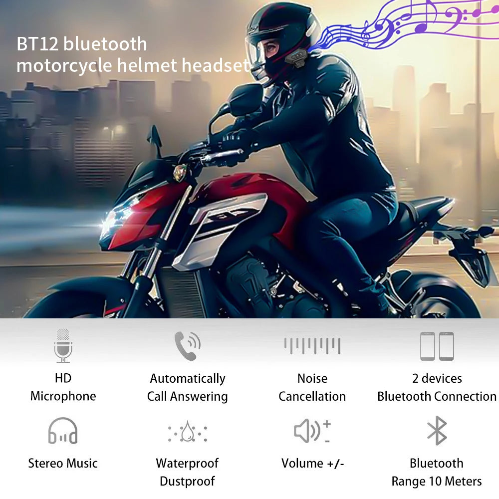 BT12 - سماعة بلوتوث لاسلكية لدراجة نارية، مقاومة للماء، ستيريو، مضادة للتداخل، مجموعة مكالمات حرة