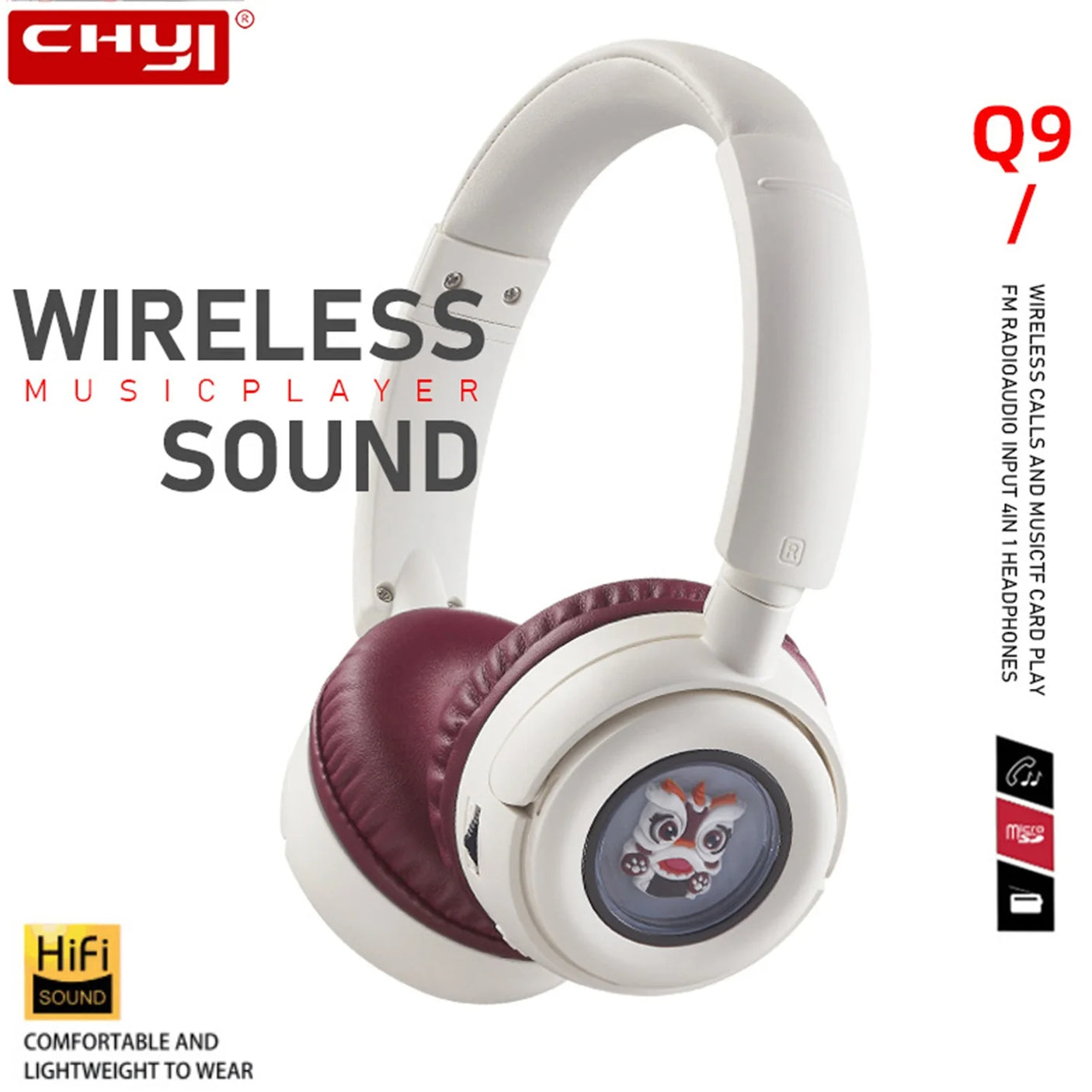 NIA Q9 - سماعة بلوتوث لاسلكية مع ضوء ملون، تقليل الضوضاء، بطاقة SD، مثالية للمكتب والألعاب