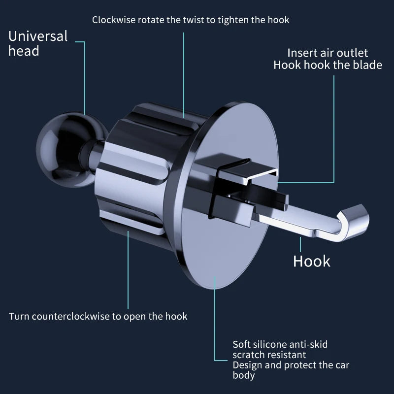 Support Téléphone Voiture CHD-02 – Fixation Grille d’Aération Universelle, Rotation 360°, Système de Gravité Auto-Serre