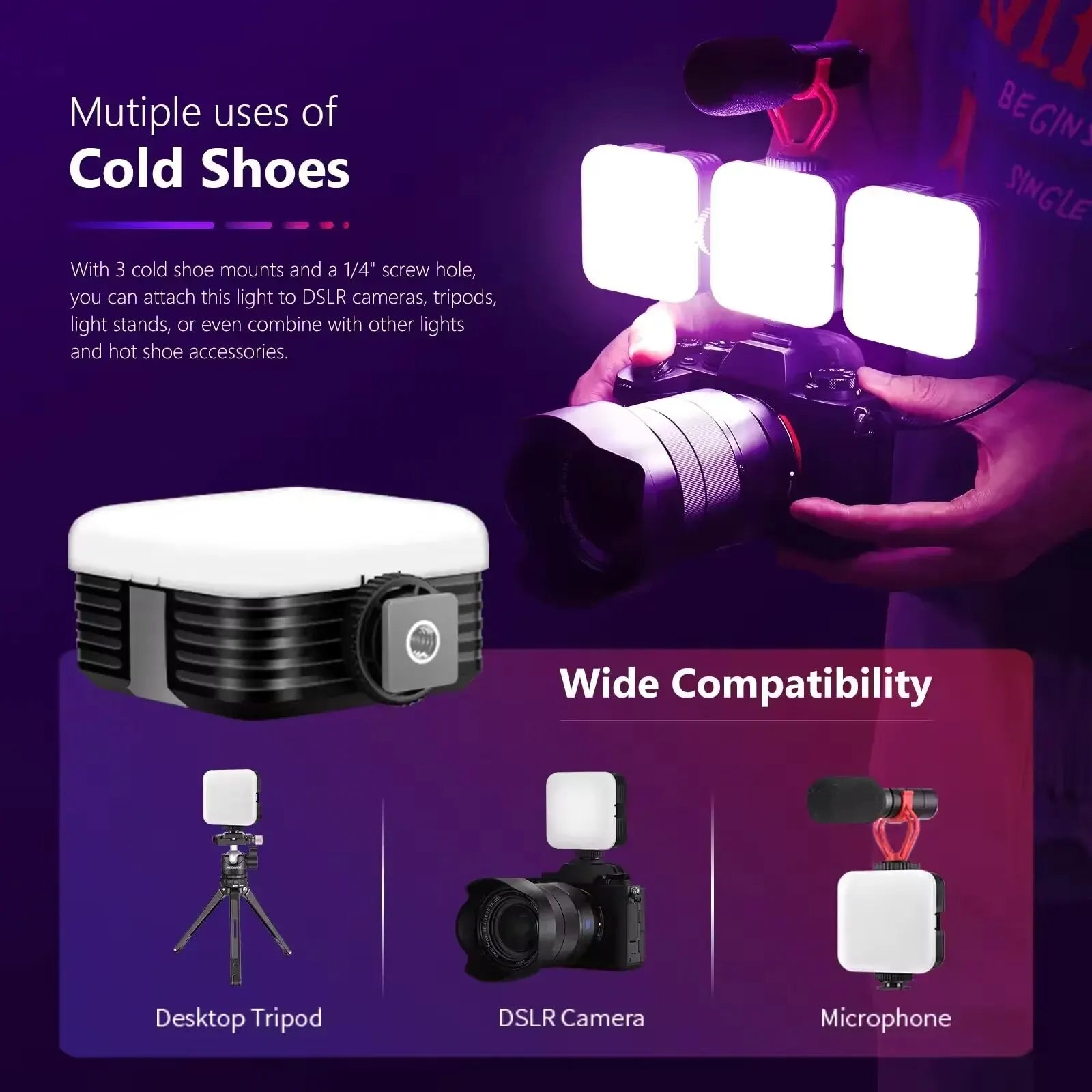 Professional Studio Video Light: CRI 97 + RGB, 2500K ~ 8500K, 3 Cold Shoe Mounts & Diffuser