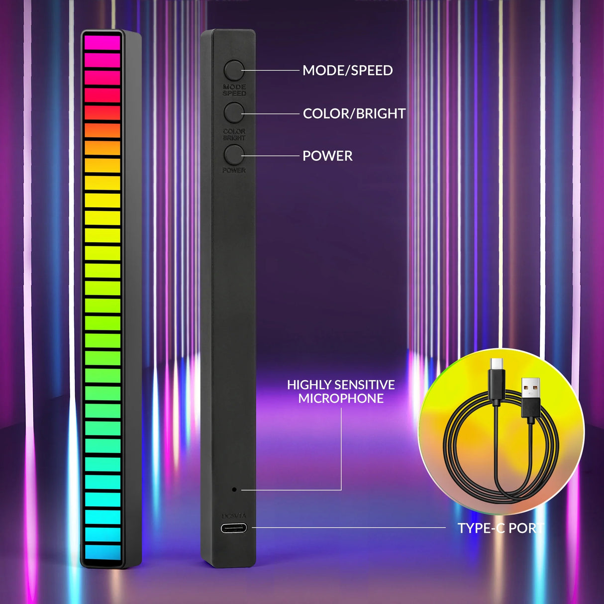 Pack de 2 Barres LED Music Level Light – 32 LEDs Multicolores Sensibles au Son