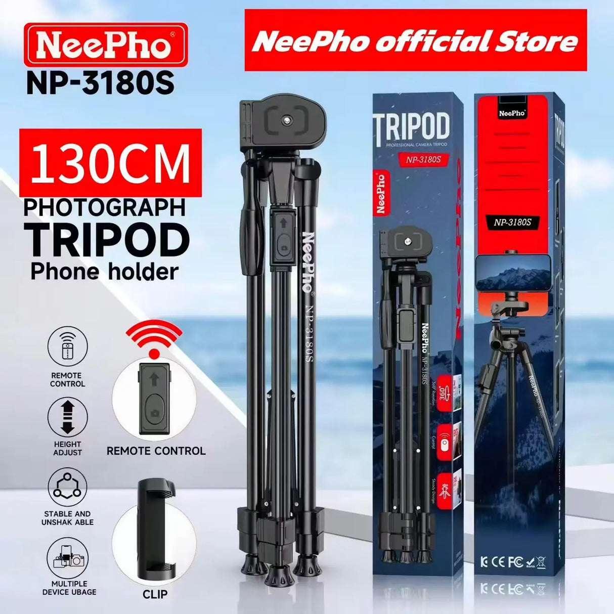 Trépied Neepho NP3180S 130cm avec Télécommande Bluetooth pour Smartphone & Caméra
