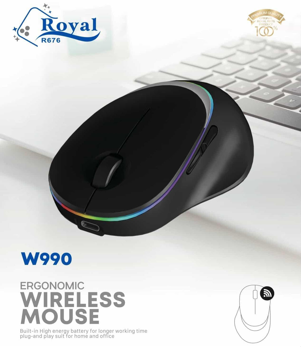 Souris Sans Fil Ergonomique Royal W990 Rechargeable 5-en-1