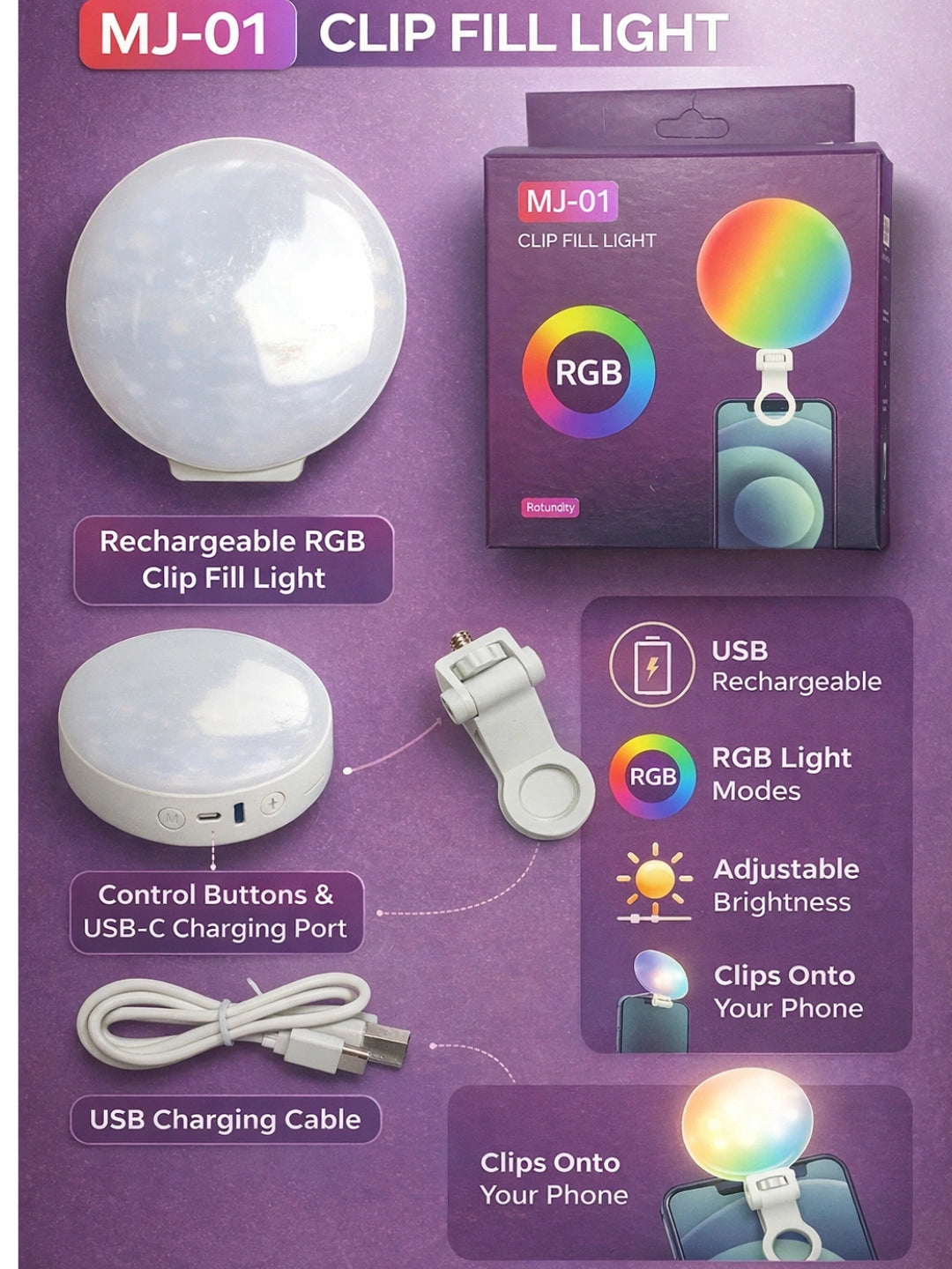 Lampe Selfie RGB MJ-01 à Clip Rechargeable pour Smartphone