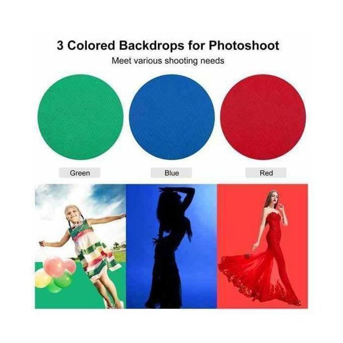 Kit Studio Photo Pro avec 3 Fonds (Vert, Rouge, Bleu) + Support 3x3M – Toile de Fond 3x6M