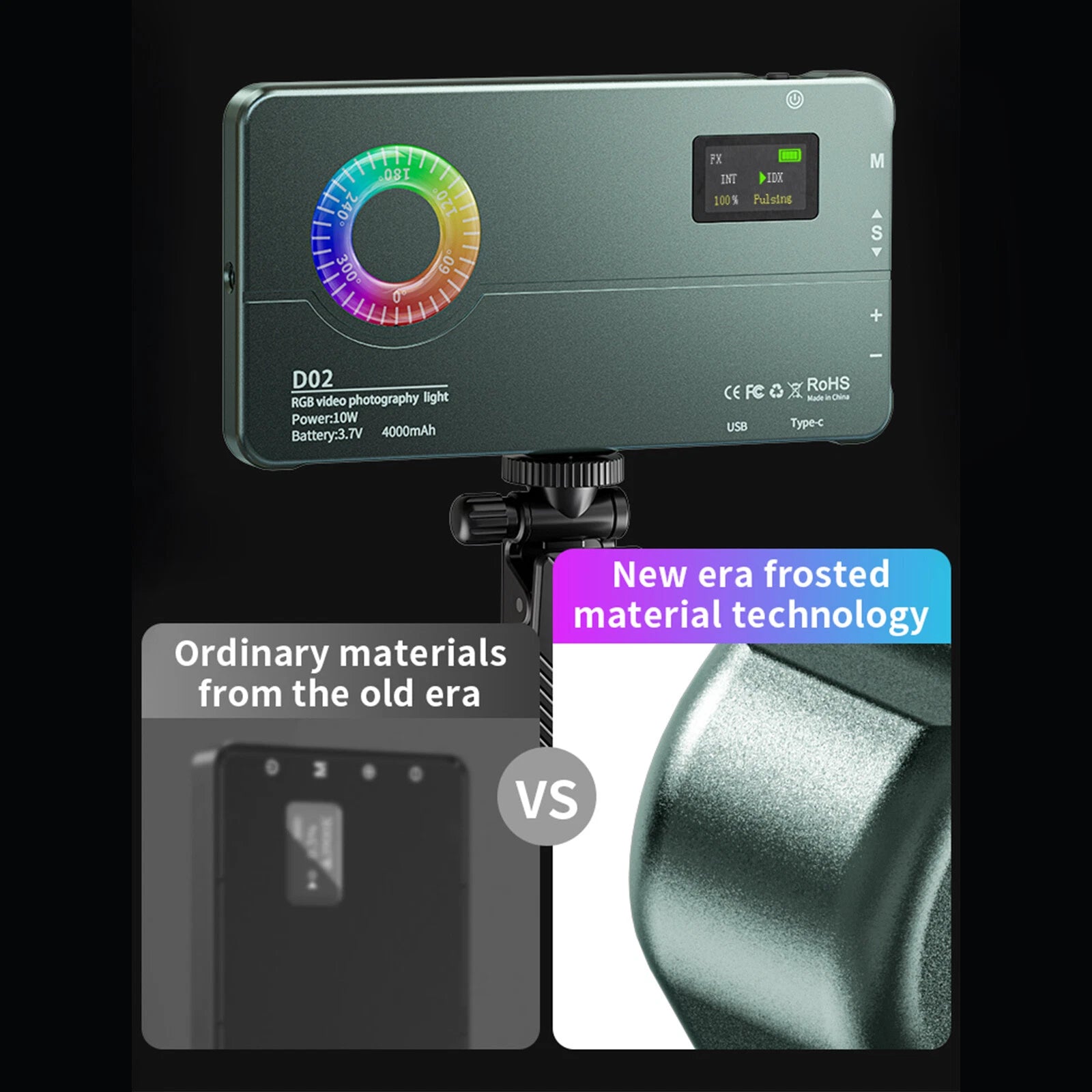 Lumière LED RGB D02 pour Caméra et Smartphone – 10W, Température 2500-9000K, 20 Effets Scènes