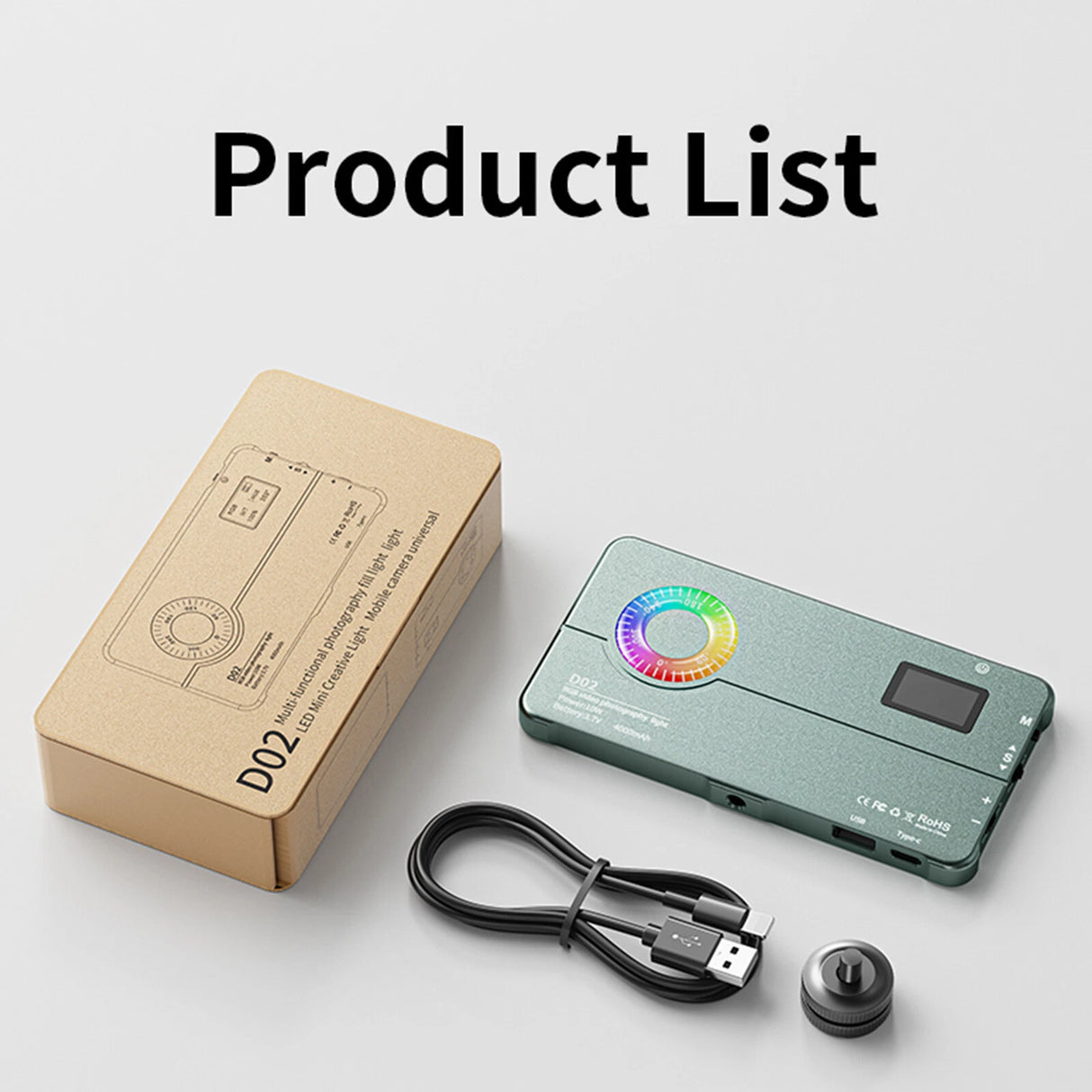 Lumière LED RGB D02 pour Caméra et Smartphone – 10W, Température 2500-9000K, 20 Effets Scènes