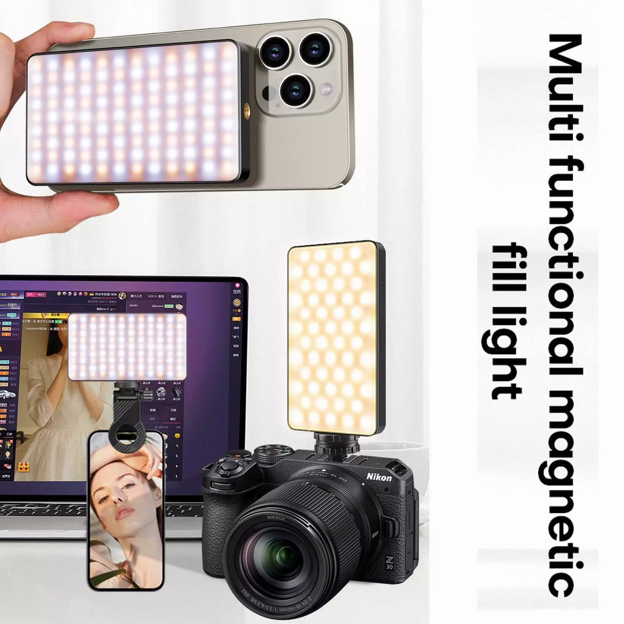 Lampe LED M19 Double Face pour Caméra & Smartphone – Rechargeable 3000mAh, Température 2500-9000K, Aimantée & Portable