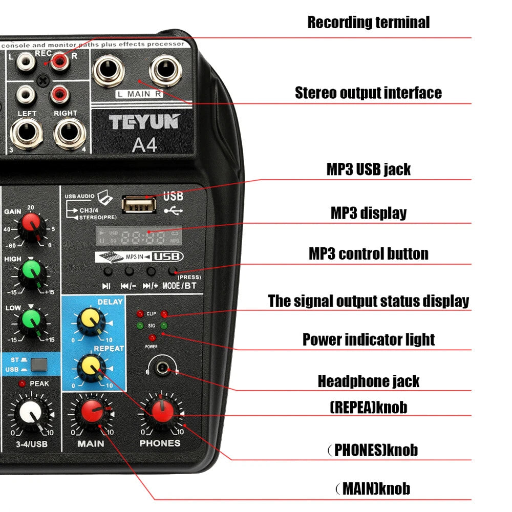 Console de Mixage 4 Canaux Bluetooth USB 48V Teyun A4