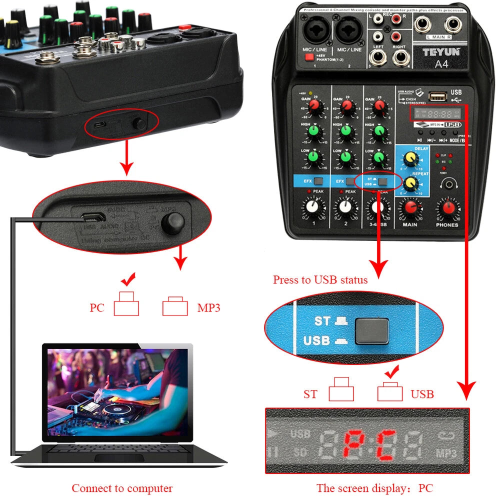 Console de Mixage 4 Canaux Bluetooth USB 48V Teyun A4