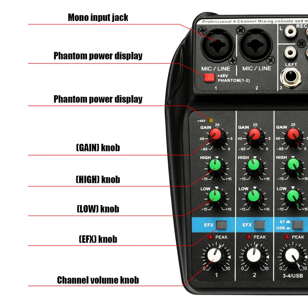 Console de Mixage 4 Canaux Bluetooth USB 48V Teyun A4