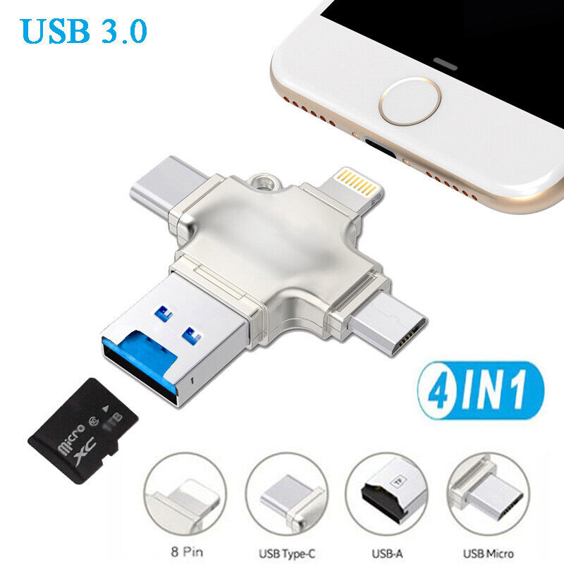 Lecteur de Carte Mémoire Micro SD 4-en-1 – Compatible iPhone, Android, Mac, PC, USB-C & Lightning
