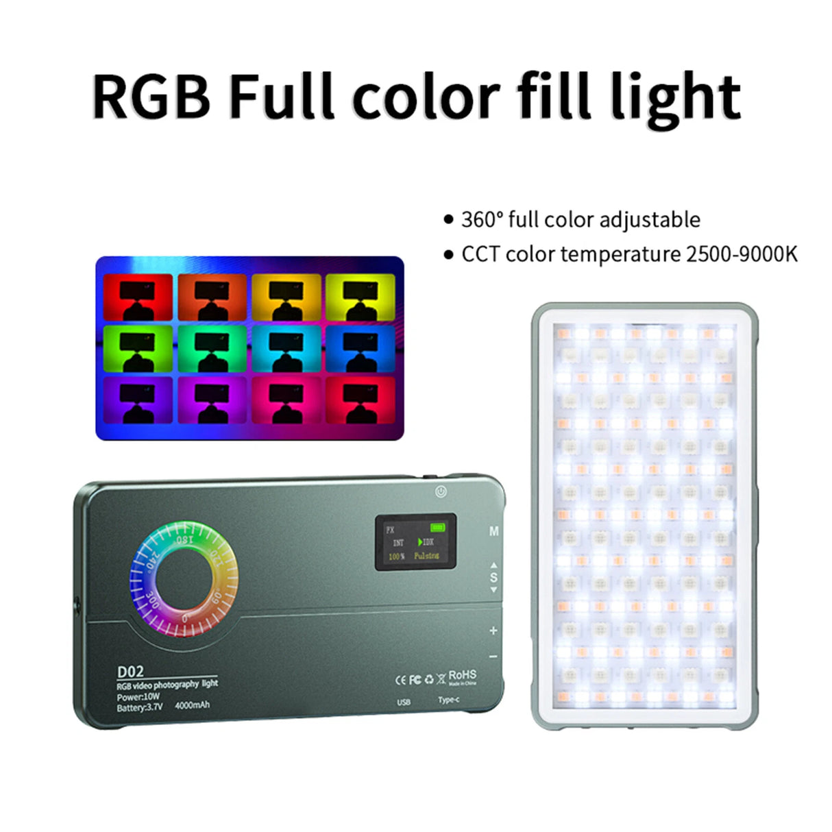 Lumière LED RGB D02 pour Caméra et Smartphone – 10W, Température 2500-9000K, 20 Effets Scènes