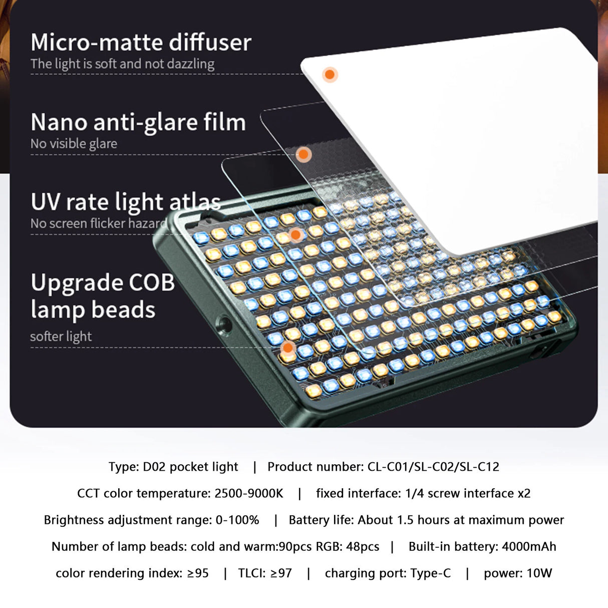 Lumière LED RGB D02 pour Caméra et Smartphone – 10W, Température 2500-9000K, 20 Effets Scènes