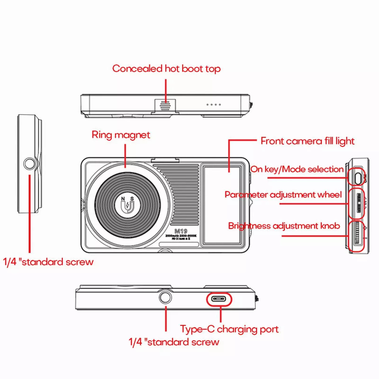 Lampe LED M19 Double Face pour Caméra & Smartphone – Rechargeable 3000mAh, Température 2500-9000K, Aimantée & Portable