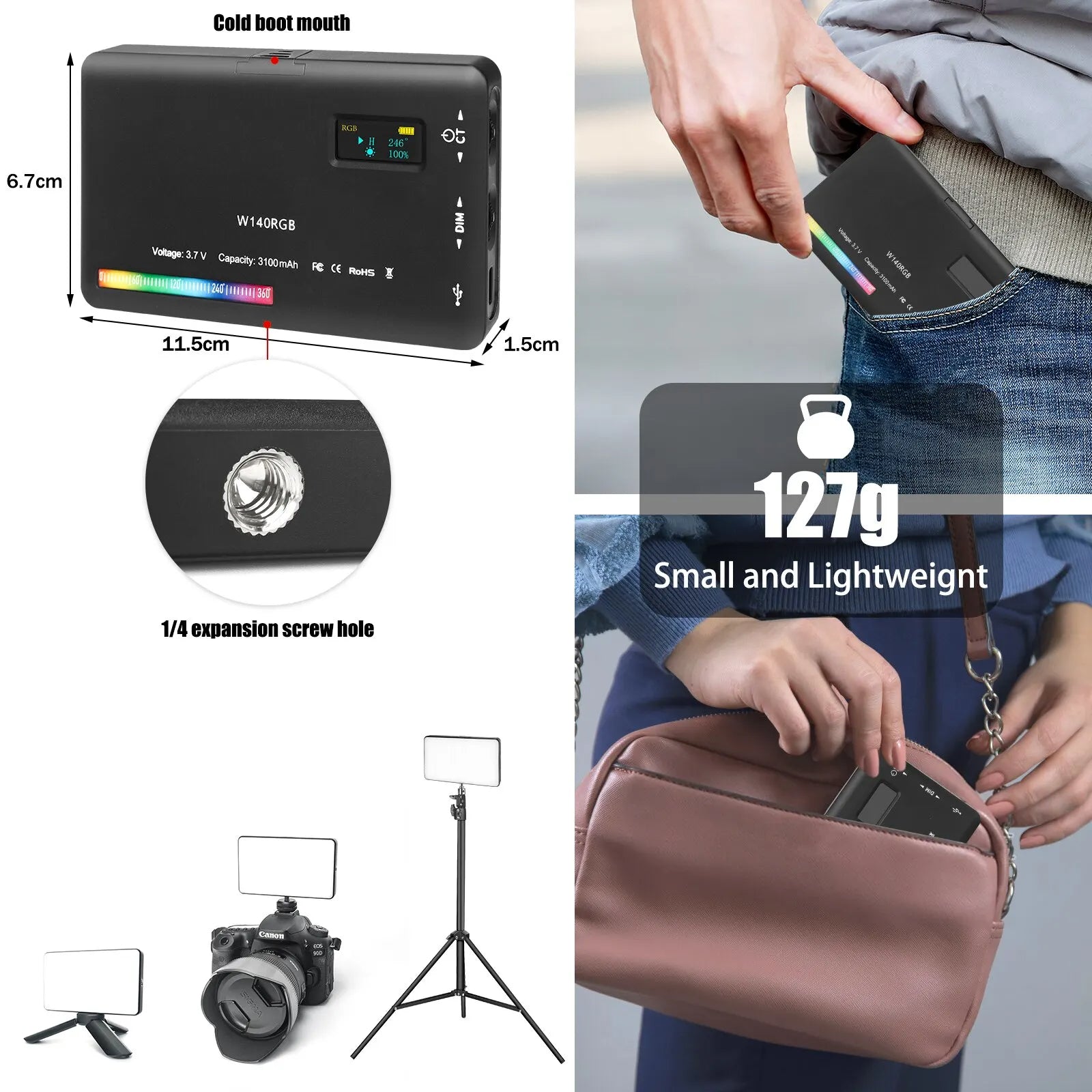 LED RGB Geekman , 8W, 0-360°, 2500-9000K, 3100mAh, éclairage caméra, intensité réglable